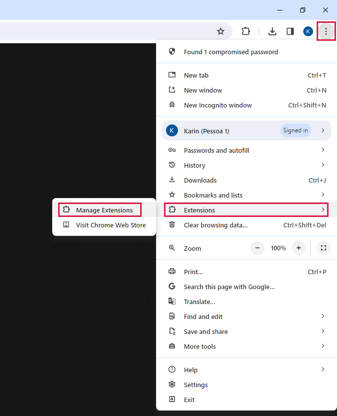 Etapa 1 desativar as extensões do Google